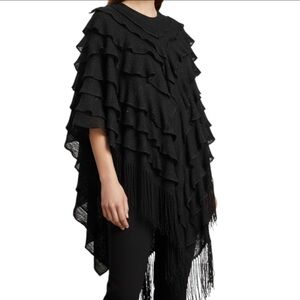 Collectioni Sheen Black Knit Ruffle Fringe Poncho Shawl One Size